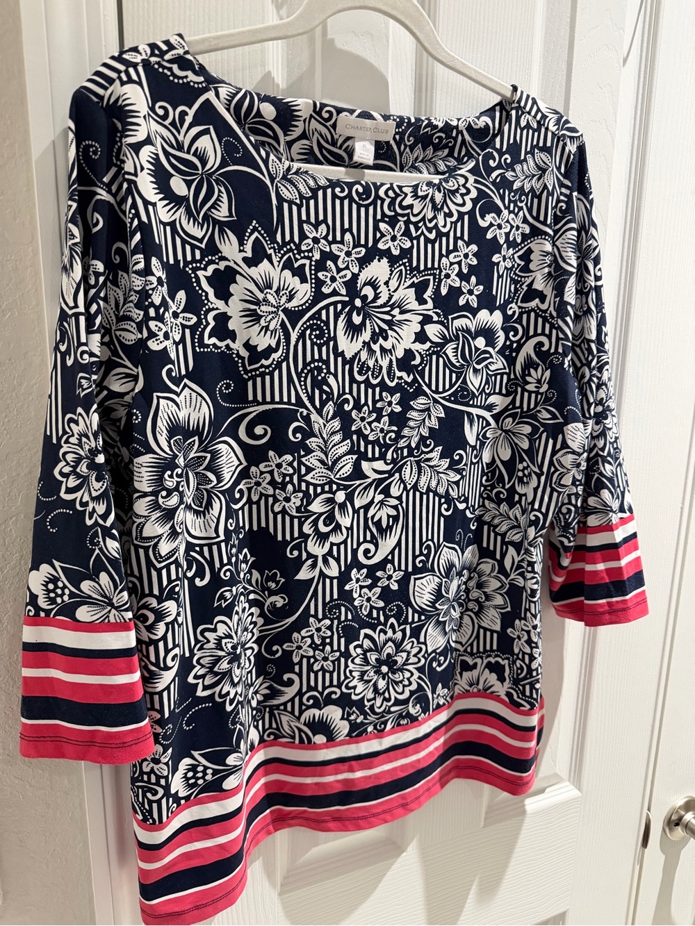 Charter Club Navy and White Floral Long-Sleeve Tee with Pink Stripe Detail